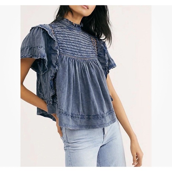 Free People Tops - Free People Le Femme Ruffled Pintuck Top Blouse Med Blue Boho Babydoll Peasant